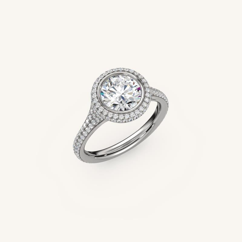 The Lunea – Floating Bezel Solitaire Solara Halo Engagement Ring with ¾ Diamond Shank