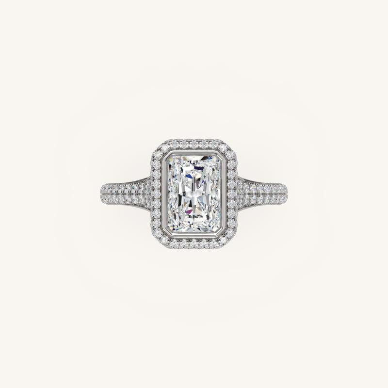 The Lunea – Floating Bezel Solitaire Solara Halo Engagement Ring with ¾ Diamond Shank