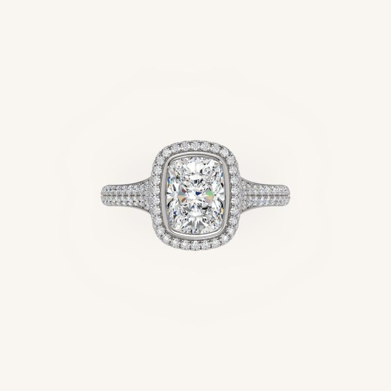 The Lunea – Floating Bezel Solitaire Solara Halo Engagement Ring with ¾ Diamond Shank
