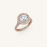 Load image into Gallery viewer, The Lunea – Floating Bezel Solitaire Solara Halo Engagement Ring (E-W) with ¾ Diamond Shank
