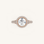 Load image into Gallery viewer, The Lunea – Floating Bezel Solitaire Solara Halo Engagement Ring (E-W) with ¾ Diamond Shank