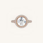 Load image into Gallery viewer, The Lunea – Floating Bezel Solitaire Solara Halo Engagement Ring (E-W) with ¾ Diamond Shank