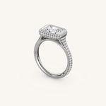 Load image into Gallery viewer, The Lunea – Floating Bezel Solitaire Solara Halo Engagement Ring (E-W) with ¾ Diamond Shank