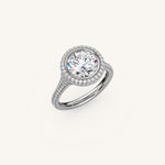 Load image into Gallery viewer, The Lunea – Floating Bezel Solitaire Solara Halo Engagement Ring (E-W) with ¾ Diamond Shank