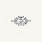Load image into Gallery viewer, The Lunea – Floating Bezel Solitaire Solara Halo Engagement Ring (E-W) with ¾ Diamond Shank