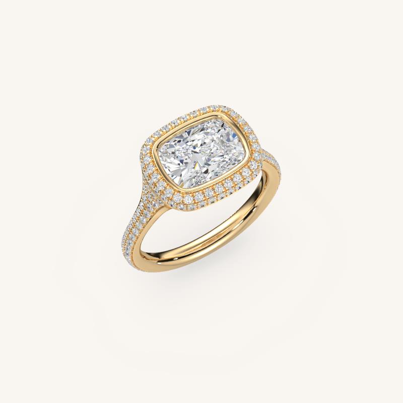 The Lunea – Floating Bezel Solitaire Solara Halo Engagement Ring (E-W) with ¾ Diamond Shank