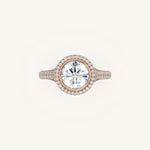 Load image into Gallery viewer, The Lunea – Floating Bezel Solitaire Solara Halo Engagement Ring with ¾ Diamond Shank
