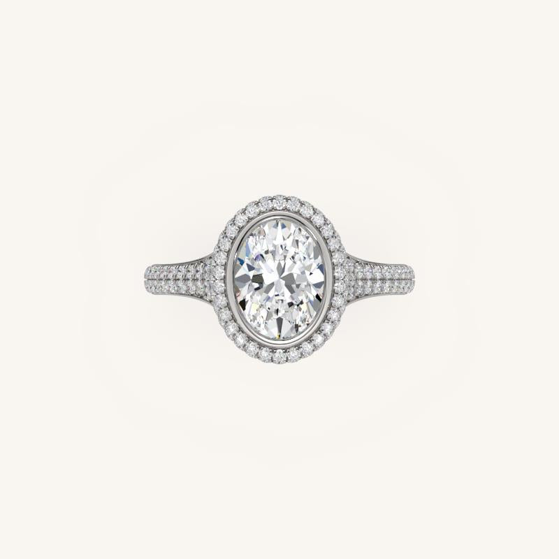 The Lunea – Floating Bezel Solitaire Solara Halo Engagement Ring with ¾ Diamond Shank