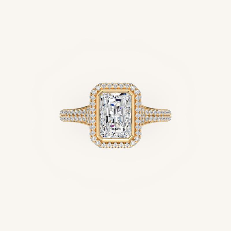 The Lunea – Floating Bezel Solitaire Solara Halo Engagement Ring with ¾ Diamond Shank