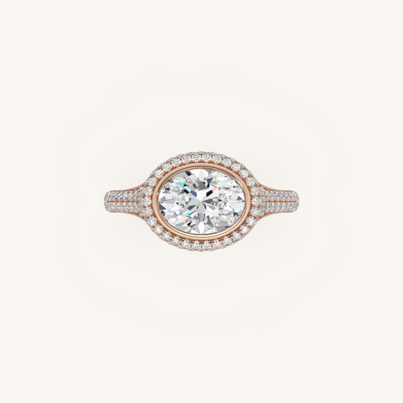 The Lunea – Floating Bezel Solitaire Solara Halo Engagement Ring (E-W) with ¾ Diamond Shank