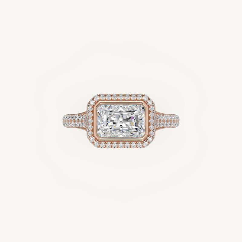 The Lunea – Floating Bezel Solitaire Solara Halo Engagement Ring (E-W) with ¾ Diamond Shank
