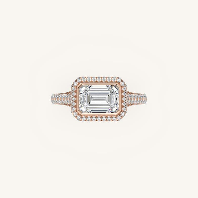 The Lunea – Floating Bezel Solitaire Solara Halo Engagement Ring (E-W) with ¾ Diamond Shank