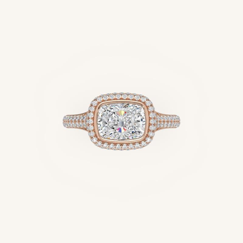 The Lunea – Floating Bezel Solitaire Solara Halo Engagement Ring (E-W) with ¾ Diamond Shank