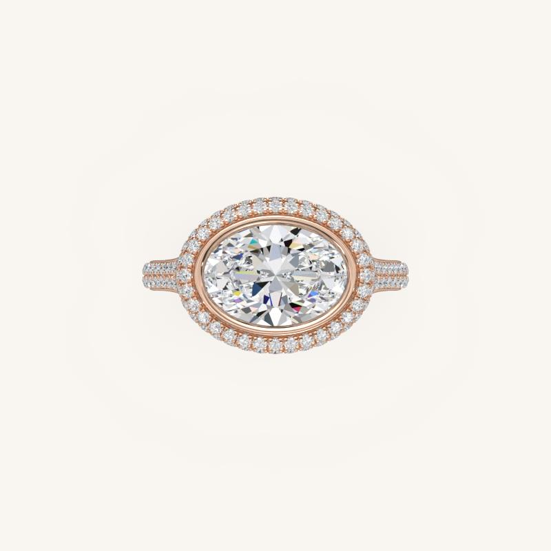 The Lunea – Floating Bezel Solitaire Solara Halo Engagement Ring (E-W) with ¾ Diamond Shank