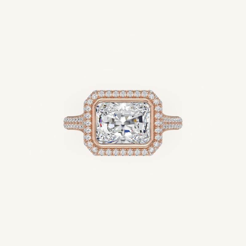 The Lunea – Floating Bezel Solitaire Solara Halo Engagement Ring (E-W) with ¾ Diamond Shank