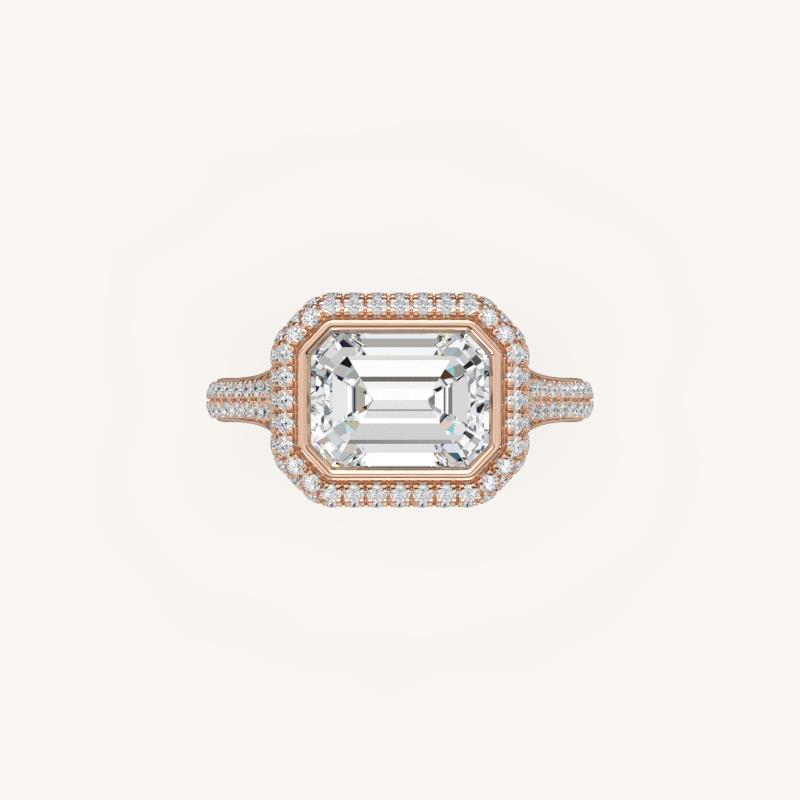 The Lunea – Floating Bezel Solitaire Solara Halo Engagement Ring (E-W) with ¾ Diamond Shank