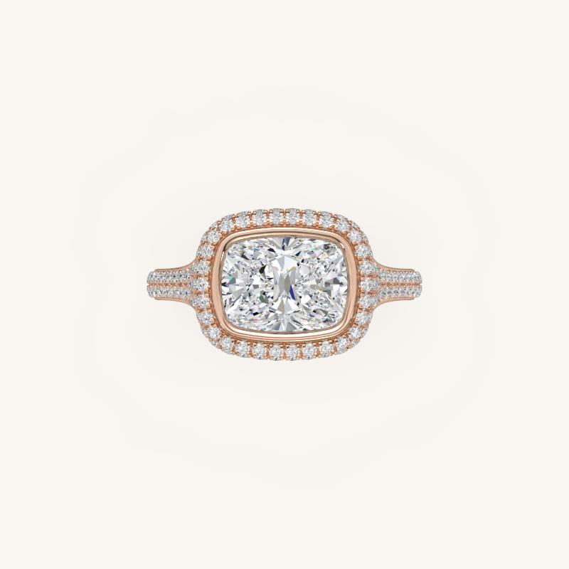The Lunea – Floating Bezel Solitaire Solara Halo Engagement Ring (E-W) with ¾ Diamond Shank