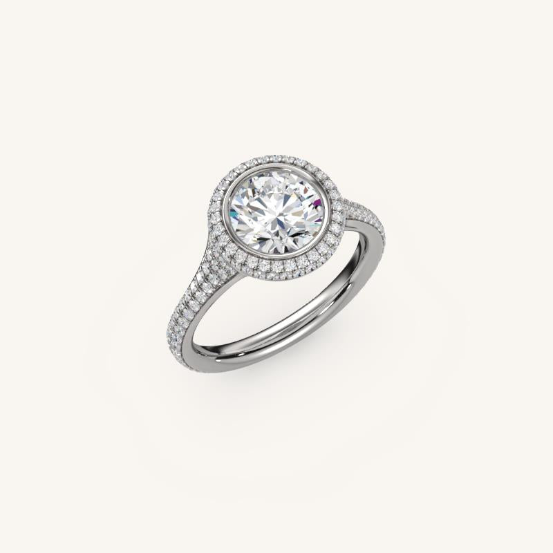 The Lunea – Floating Bezel Solitaire Solara Halo Engagement Ring (E-W) with ¾ Diamond Shank