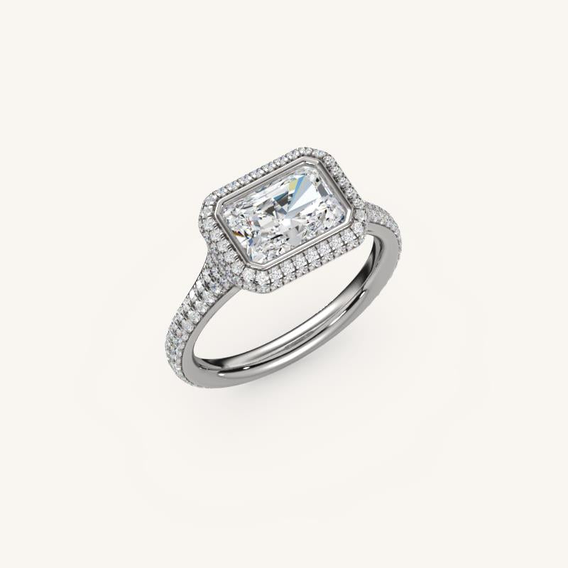 The Lunea – Floating Bezel Solitaire Solara Halo Engagement Ring (E-W) with ¾ Diamond Shank