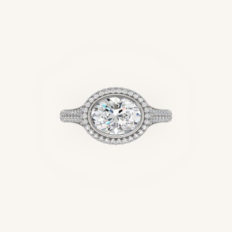 The Lunea – Floating Bezel Solitaire Solara Halo Engagement Ring (E-W) with ¾ Diamond Shank