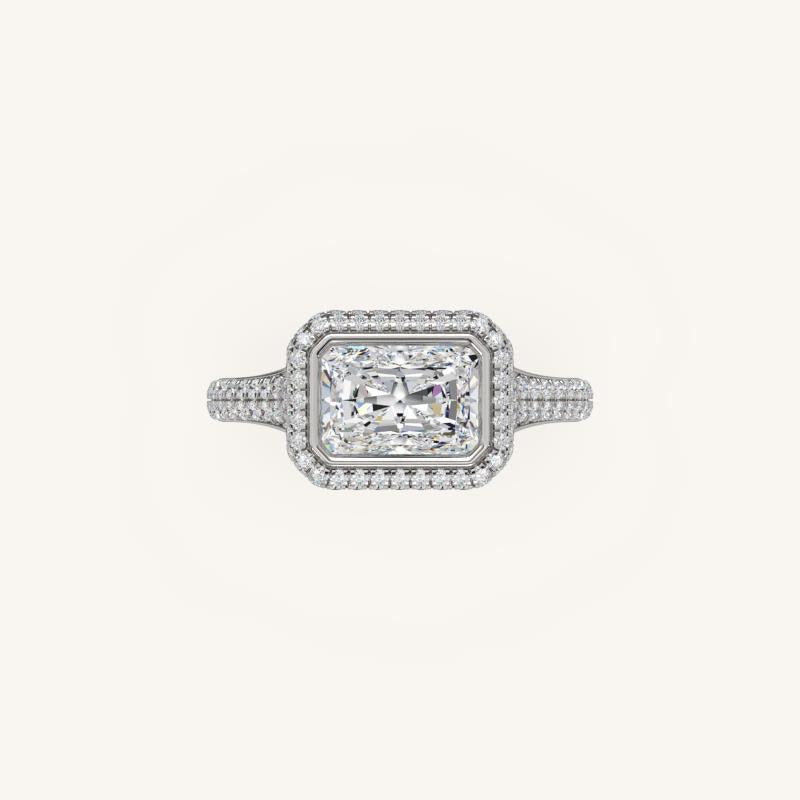 The Lunea – Floating Bezel Solitaire Solara Halo Engagement Ring (E-W) with ¾ Diamond Shank
