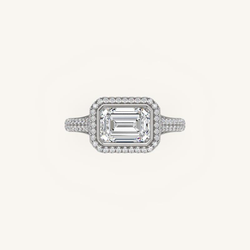 The Lunea – Floating Bezel Solitaire Solara Halo Engagement Ring (E-W) with ¾ Diamond Shank