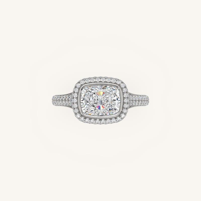 The Lunea – Floating Bezel Solitaire Solara Halo Engagement Ring (E-W) with ¾ Diamond Shank