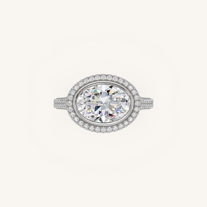 The Lunea – Floating Bezel Solitaire Solara Halo Engagement Ring (E-W) with ¾ Diamond Shank