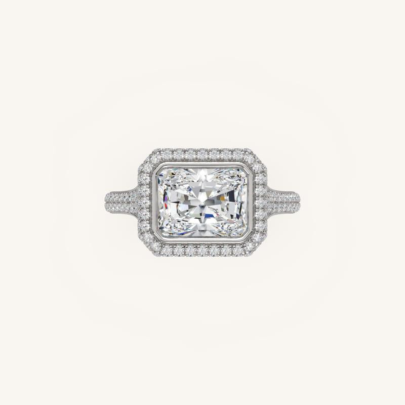 The Lunea – Floating Bezel Solitaire Solara Halo Engagement Ring (E-W) with ¾ Diamond Shank