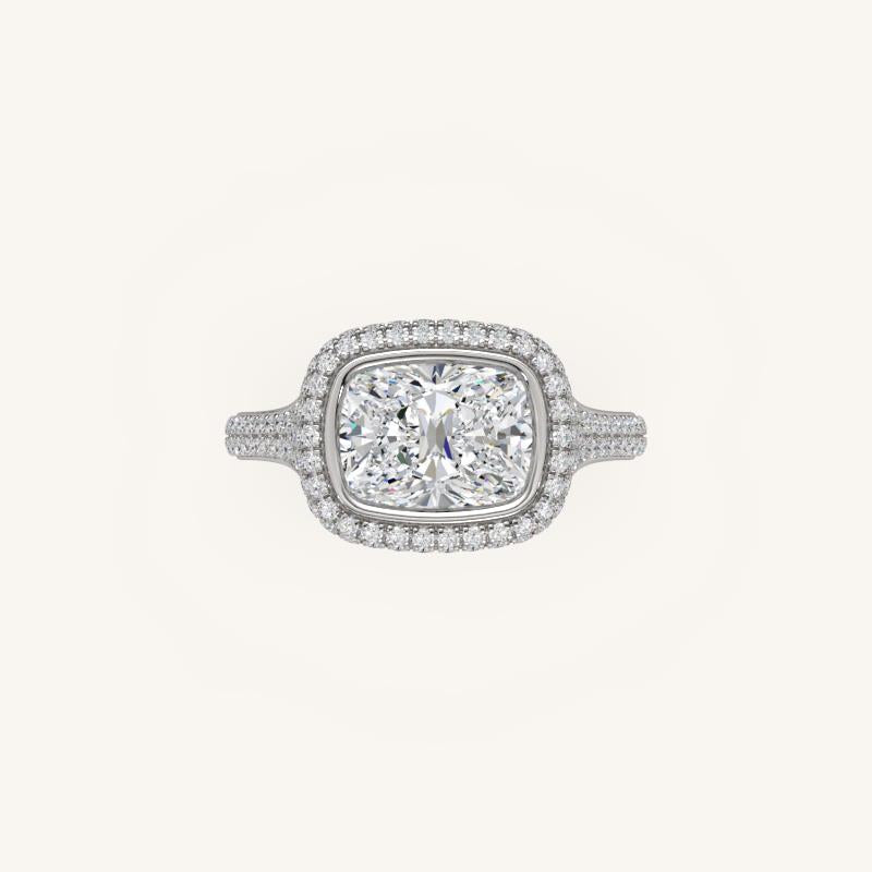 The Lunea – Floating Bezel Solitaire Solara Halo Engagement Ring (E-W) with ¾ Diamond Shank