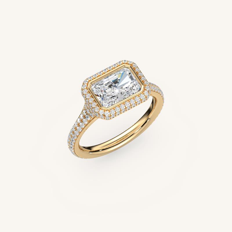 The Lunea – Floating Bezel Solitaire Solara Halo Engagement Ring (E-W) with ¾ Diamond Shank