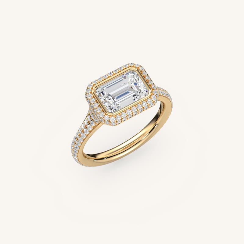 The Lunea – Floating Bezel Solitaire Solara Halo Engagement Ring (E-W) with ¾ Diamond Shank