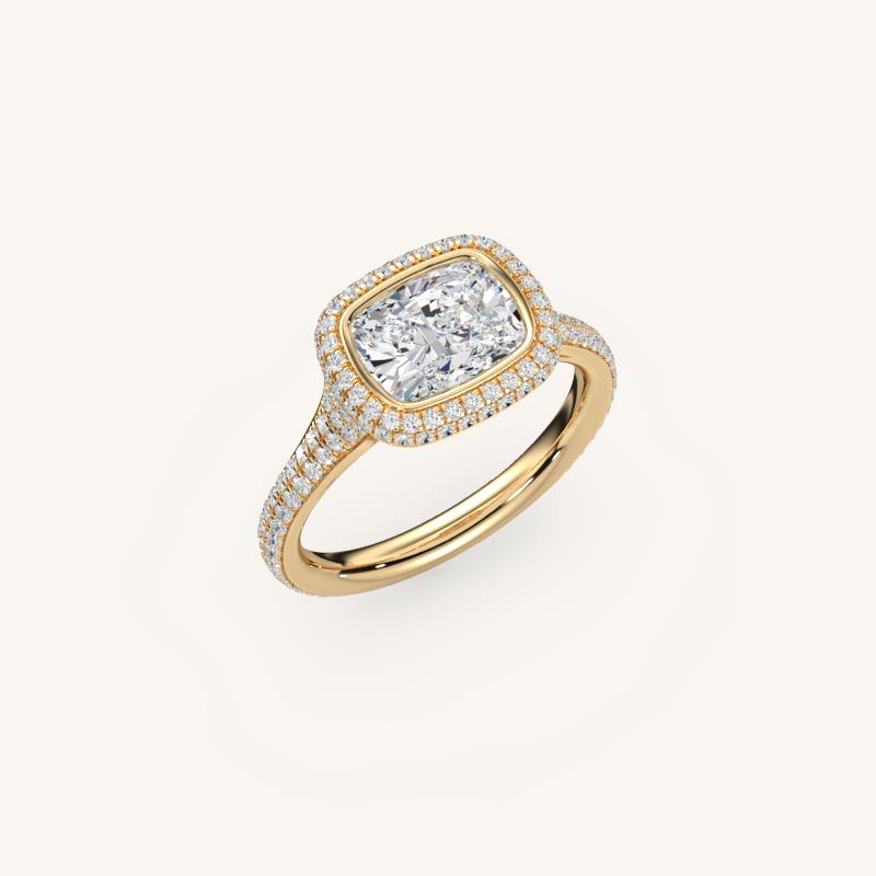 The Lunea – Floating Bezel Solitaire Solara Halo Engagement Ring (E-W) with ¾ Diamond Shank