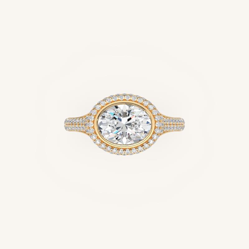 The Lunea – Floating Bezel Solitaire Solara Halo Engagement Ring (E-W) with ¾ Diamond Shank