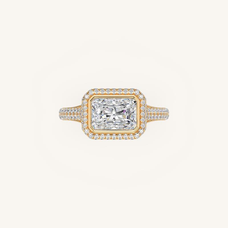 The Lunea – Floating Bezel Solitaire Solara Halo Engagement Ring (E-W) with ¾ Diamond Shank