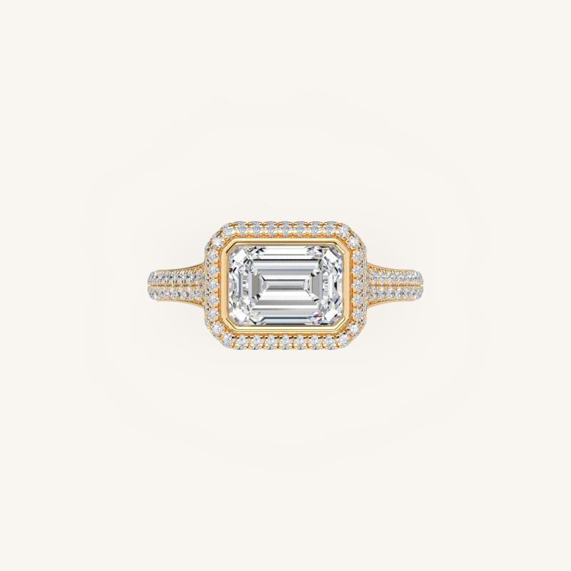 The Lunea – Floating Bezel Solitaire Solara Halo Engagement Ring (E-W) with ¾ Diamond Shank