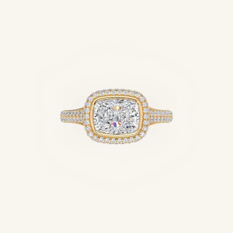 The Lunea – Floating Bezel Solitaire Solara Halo Engagement Ring (E-W) with ¾ Diamond Shank