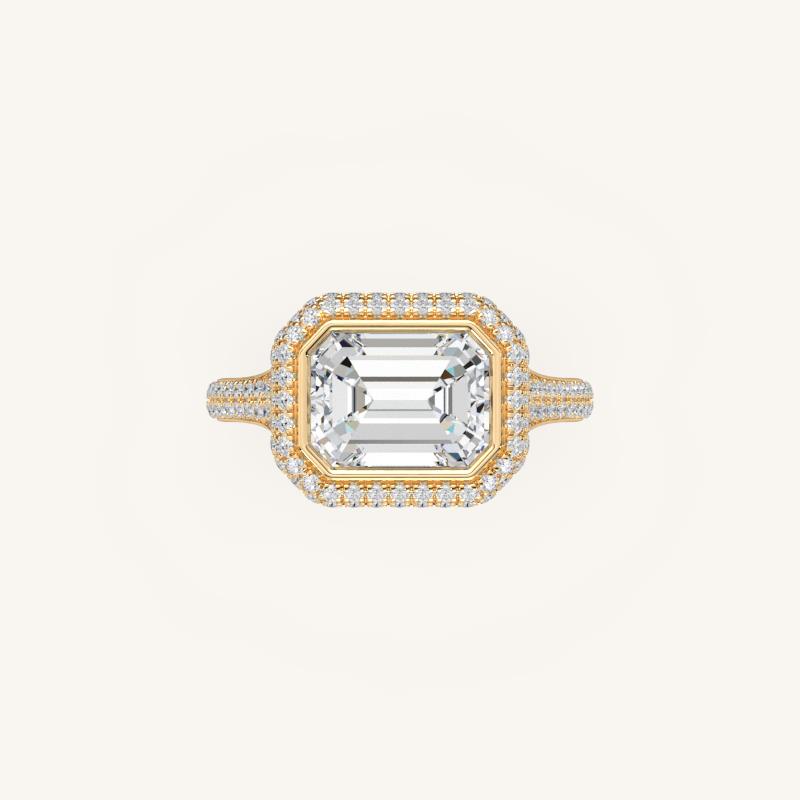 The Lunea – Floating Bezel Solitaire Solara Halo Engagement Ring (E-W) with ¾ Diamond Shank