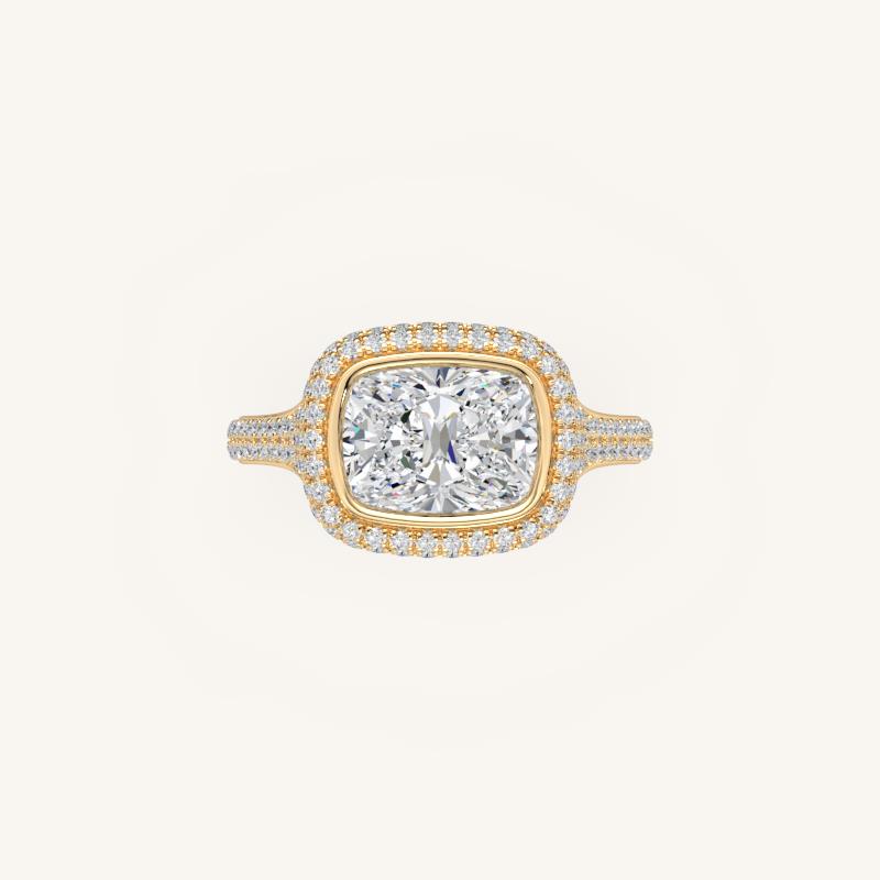 The Lunea – Floating Bezel Solitaire Solara Halo Engagement Ring (E-W) with ¾ Diamond Shank